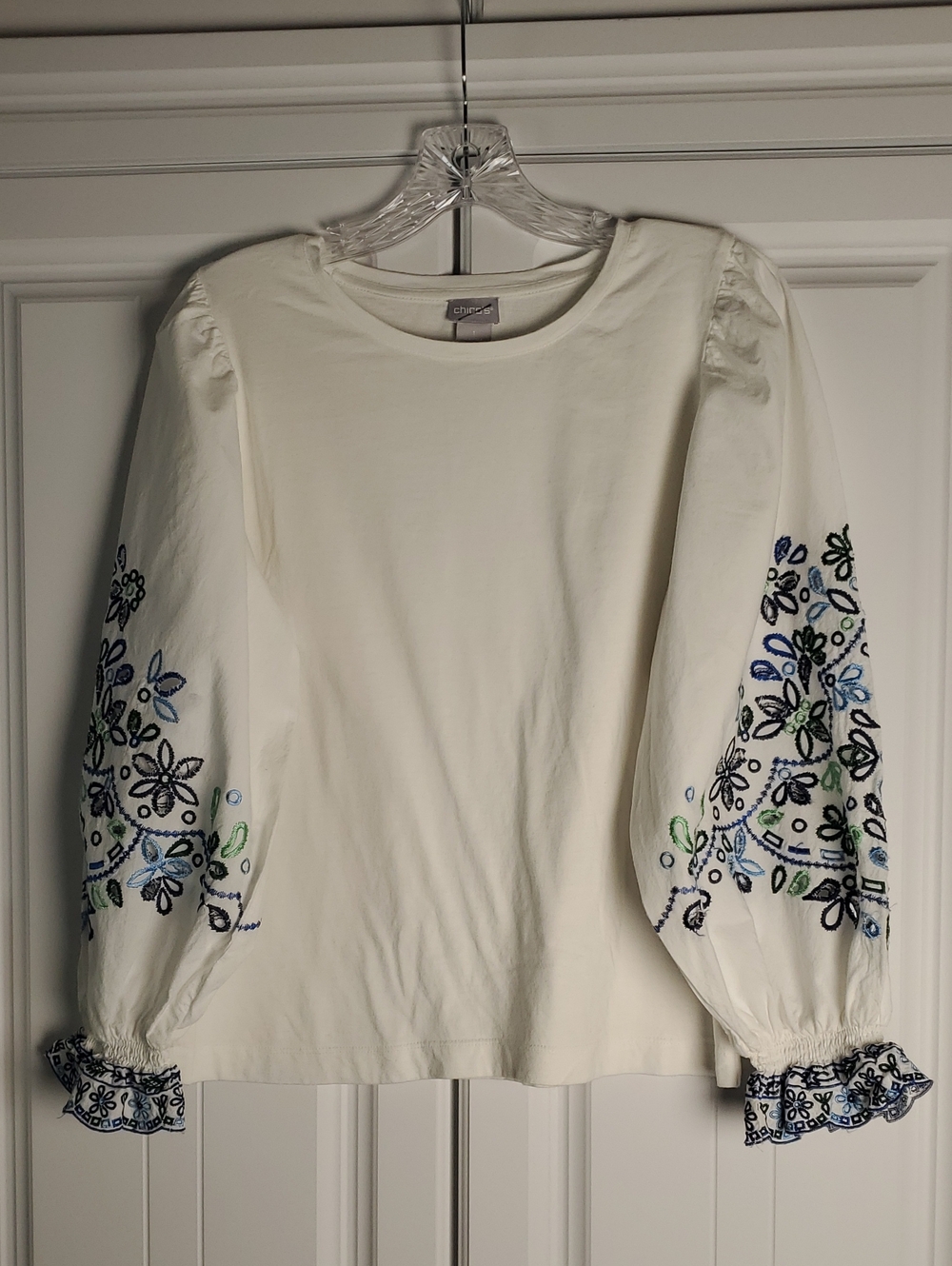 Chico's Cream Tunic with Blue & Green Floral Embroidery